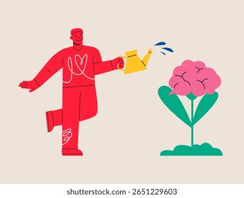 Self improvement concept. Man hold a watering can in his hand and waters a plant growing from his brain. Colorful vector illustration
