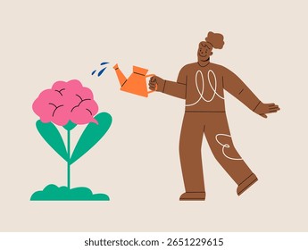 Self improvement concept. Woman hold a watering can in his hand and waters a plant growing from his brain. Colorful vector illustration
