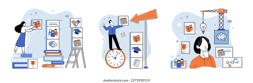 Self improvement and self development concepts set, growth mindset, positive attitude to learn new knowledge enhancement for business problem, training to improve skills, intellectual motivation