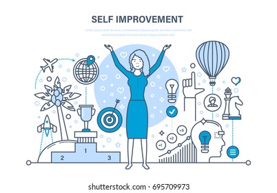 Self improvement. Self development, personal growth, emotional intelligence. Education, leadership skills, successful person, vision, motivation. Illustration thin line design of vector doodles