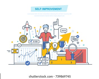 Self improvement. Self development, personal qualities growth, emotional intelligence. Leadership skills, successful person. Achievement of high goals. Illustration thin line design of vector doodles.