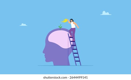 Autoaperfeiçoamento, mentalidade de crescimento, atitude positiva para aprender a melhoria de novos conhecimentos, autocuidado e desenvolvimento. Uma mulher usando uma lata de água para regar a plântula que cresce na cabeça.