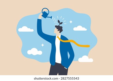 Self improvement, growth mindset, positive attitude to learn new knowledge improve creativity for business problem concept, smart businessman using waterin VECTOR
