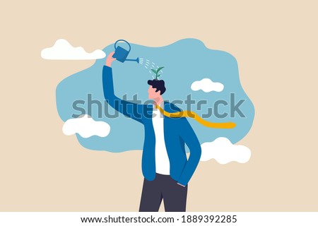 Self improvement, growth mindset, positive attitude to learn new knowledge improvement for business problem concept, smart businessman learner using watering can to water growing seedling on his head. 商業照片 © 