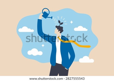 Self improvement, growth mindset, positive attitude to learn new knowledge improve creativity for business problem concept, smart businessman using waterin VECTOR