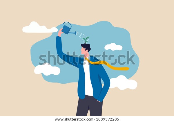 Self improvement, growth mindset, positive attitude\
to learn new knowledge improve creativity for business problem\
concept, smart businessman using watering can to water growing\
seedling on his head.