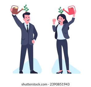 Self improvement. Happy man and woman using watering can to water sapling growing on their head. Professional career and talent progress. Business people development