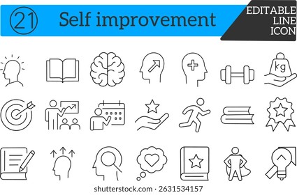 Self improvement icons - Editable stroke pictograms covering learning, confidence, inspiration, and mental strength visuals.