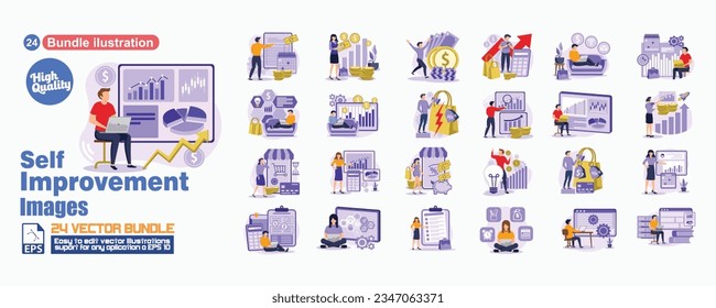 Self improvement images concept illustration, collection of male and female business people scenes in the self improvement images scene. mega set flat vector modern illustration