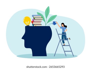 Self improvement, Increasing skills, Knowledge and abilities for oneself, Personal growth in the organization, Professional learning. Woman . watering the plant with books and lightbulb inside head.