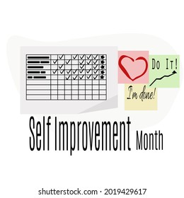 Self Improvement Month, concept for poster with schematic illustration of habit tracker and motivational reminders vector illustration