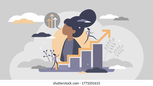 Self improvement with personal development and growth flat tiny persons concept. Educational and professional progress vector illustration. Career progress and skill training performance challenge.