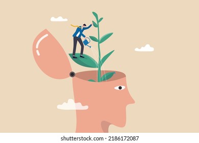 Self improvement, personal development or growth mindset, motivation to grow and achieve career success, learning new skill or knowledge concept, businessman watering plant growing from his self head.