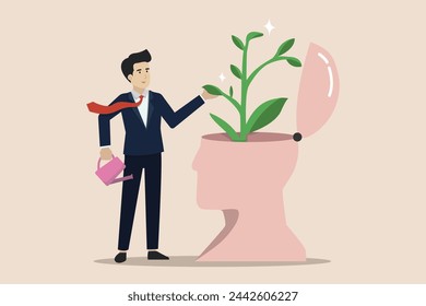 Self improvement, personal development or growth mindset, motivation to grow and achieve career success, businessman watering plant growing from his self head.