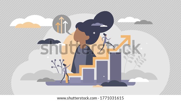 Self improvement with personal development and\
growth flat tiny persons concept. Educational and professional\
progress vector illustration. Career progress and skill training\
performance challenge.