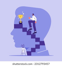 Self improvement psychology education concept, training or think growth mindset, development of personal potential, businessman climbing the ladder to the top