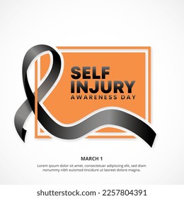 Self injury awareness day background with a black ribbon and square orange background
