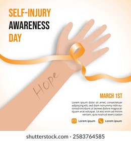 Self Injury Awareness Day with a ribbon and hand