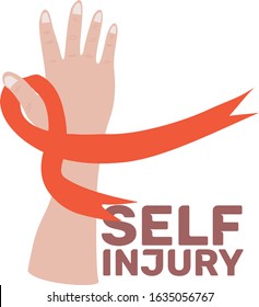 Self injury Awareness Day vector concept with hand holding an orange ribbon, isolated in white background