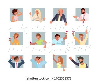 Self isolated people look out of the windows of their apartments. Portraits of communicating men and women сollection. Bundle of avatars of different faces races and age. Flat Art Vector Illustration