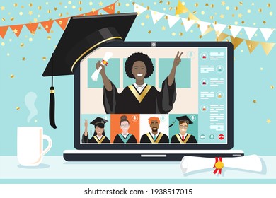 Self isolated, quarantined diverse students attending Graduation ceremony 2021 via video call on laptop. Social distancing, online education. Happy young people celebrating successful achievement