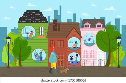 Self isolated, stay home people vector illustration. Coronavirus protection, girl character in mask walking dog. Bright houses, neighbors do quarantine hobbies near room window, free time.