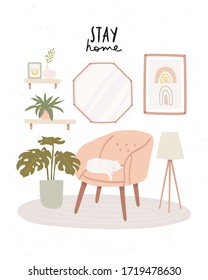 Autoaislamiento con gato en el moderno interior de la sala de estar con texto de casa. Acogedor salón escandinavo con sillón rosa, gatos y plantas para el hogar. Interior moderno vectorial