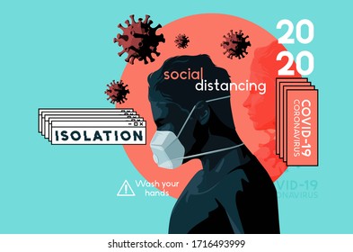 A self isolating man wearing a face mask in the Covid-19 crisis. Mental health, stress and anxiety caused by the outbreak of coronavirus. Vector illustration.