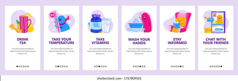 Self isolation advices for Covid-19 website and mobile app onboarding screens. Menu banner vector template for web site and application development for people in self isolation. Stay home, quarantine.