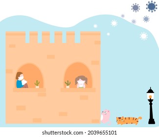 Self isolation , boy and girl, at castle in COVID-19 (corona virus) pandemic. Living a new normal life amid the COVID-19 (corona virus) pandemic.