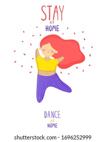 Self isolation cartoon cute concept. Stay at home. Dance at home.Isolated cute cartoon girl dance at home on quarantine, during Covid-19.  Stock vector cartoon flat illustration