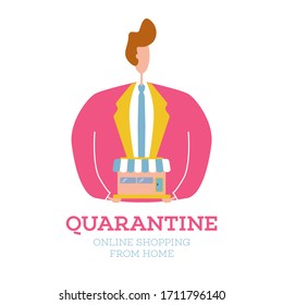Self isolation concept. Businessman working from home during Covid-19. All stay at home. Self-isolate from a pandemic icon. Online purchases from home during Quarantine. Vector illustration