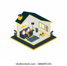 Self isolation concept.  family stay at home. Self-isolate from a pandemic. Remote work from home during Quarantine. Vector flat illustration