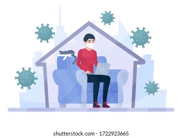  Concepto de autoaislamiento. Autónomo o estudiante durante el coronavirus Covid-19. Autocuarentena. Hombre trabajando desde casa con laptop. Trabajo remoto. Proteger de la ilustración vectorial de virus en estilo plano