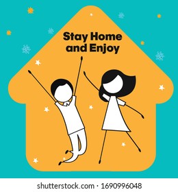 Self isolation concept stay home stay and enjoy safe during Covid-19  Self-isolate from a pandemic Vector flat illustration-01