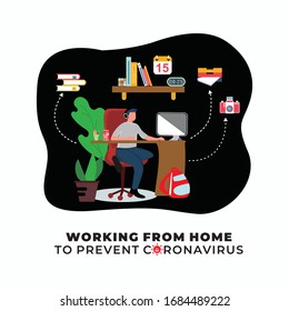 Self isolation concept. Young boy working from home during Covid-19. All stay at home. Self isolated from a pandemi global. Remote work from home during Quarantine. Vector Flat Illustration.