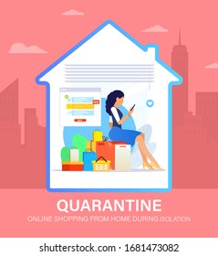 Self isolation concept. Young girl doing online shopping from home during Covid-19. All stay at home. Self-isolate from a pandemic. Online purchases from home during Quarantine. Vector illustration