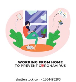 Self isolation concept. Young girl working from home during Covid-19. All stay at home. Self isolated from a pandemi global. Remote work from home during Quarantine. Vector Flat Illustration.