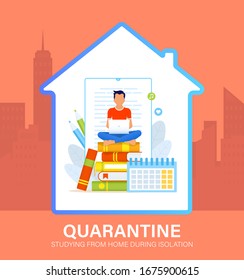 Self isolation concept. Young man studying from home during Covid-19. All stay at home. Self-isolate from a pandemic. Remote studying from home during Quarantine. Vector flat illustration