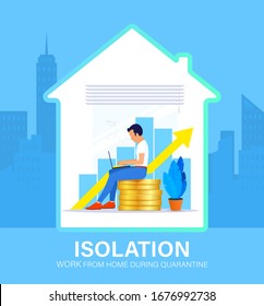 Self isolation concept. Young man working from home during Covid-19. All stay at home. Self-isolate from a pandemic. Remote work from home during Quarantine. Vector flat illustration