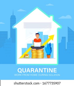Self isolation concept. Young man working from home during Covid-19. All stay at home. Self-isolate from a pandemic. Remote work from home during Quarantine. Vector flat illustration