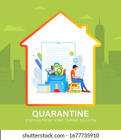 Self isolation concept. Young man studying from home during Covid-19. All stay at home. Self-isolate from a pandemic. Remote studying from home during Quarantine. Vector flat illustration