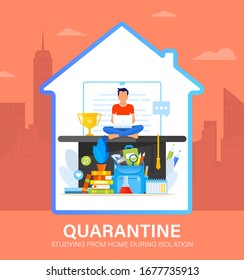 Self isolation concept. Young man studying from home during Covid-19. All stay at home. Self-isolate from a pandemic. Remote studying from home during Quarantine. Vector flat illustration