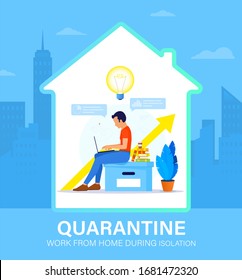 Self isolation concept. Young man working from home during Covid-19. All stay at home. Self-isolate from a pandemic. Remote work from home during Quarantine. Vector flat illustration