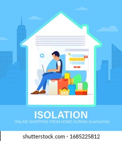 Self isolation concept. Young man doing online shopping from home during Covid-19. All stay at home. Self-isolate from a pandemic. Online purchases from home during Quarantine. Vector illustration