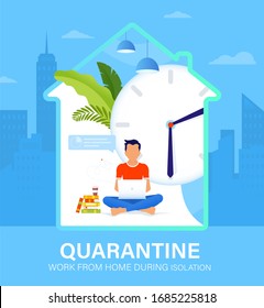 Self isolation concept. Young man working from home during Covid-19. All stay at home. Self-isolate from a pandemic. Remote work from home during Quarantine. Vector flat illustration