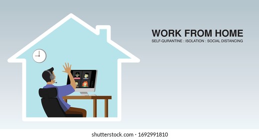 Self isolation concept. Young man working from home during Covid-19. All stay at home. Self-isolate from a pandemic. Remote work from home during Quarantine.Social Distancing. Vector illustration