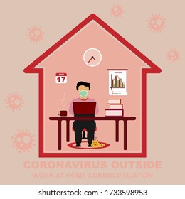 Self isolation concept. Young man working from home during Covid-19. All stay at home. Self-isolate from a pandemic. Remote working from home during Quarantine. Vector flat illustration