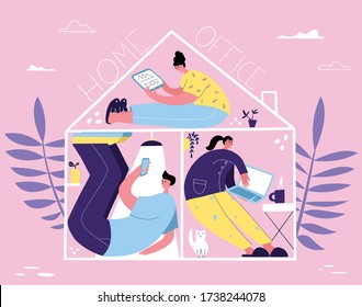 Self isolation concept. Young people working from home during Covid-19. All stay at home. Self-isolate from a pandemic. Remote work from home during Quarantine. Vector flat illustration