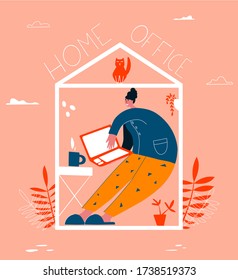 Self isolation concept. Young people working from home during Covid-19. All stay at home. Self-isolate from a pandemic. Remote work from home during Quarantine. Vector flat illustration